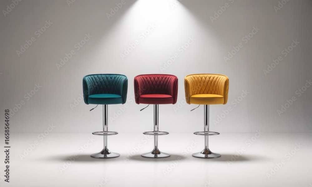 Fototapeta premium Three colorful velvet swivel bar stools with chrome bases stand under a spotlight