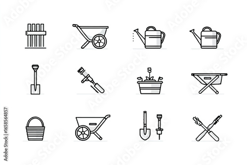 Collection of gardening tools icons in a minimalist style for website and application design symbolizing outdoor activity and horticulture hobby