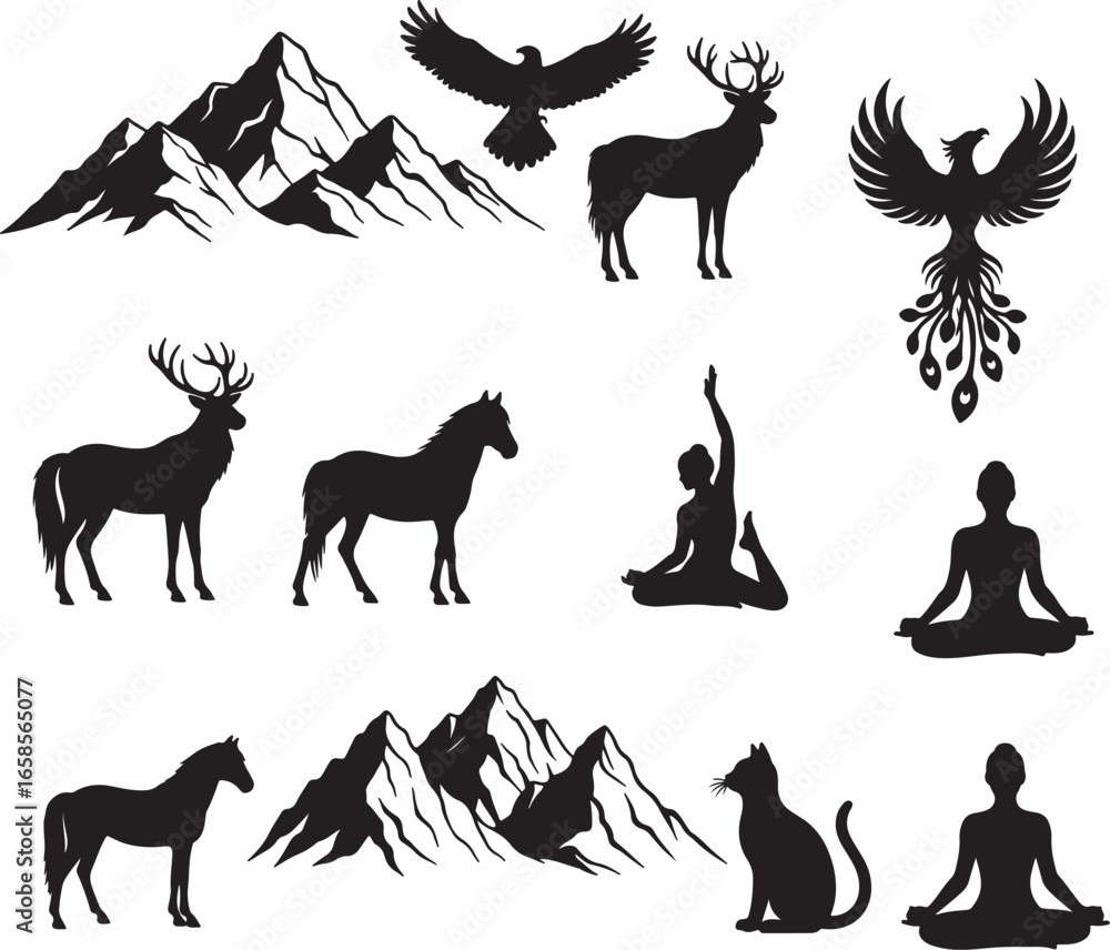 Fototapeta premium A collection of wild animal silhouettes, including horses, deer, eagle, mountain, yoga, tree, cat, and elephants, in black vector illustrations