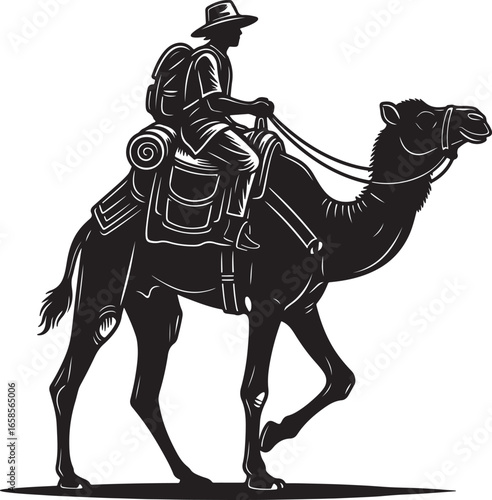 Black vector silhouette of a camel rider on an isolated white background
