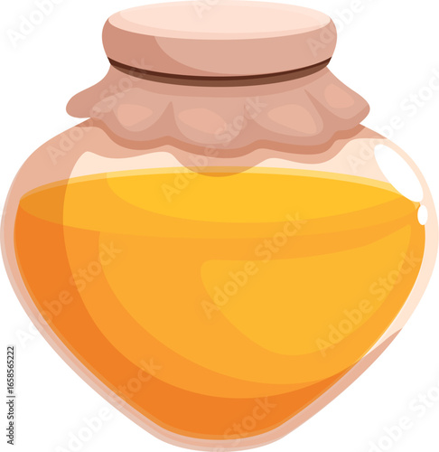 Heart shaped glass jar preserving delicious golden honey, covered with a cloth and tied with a rope