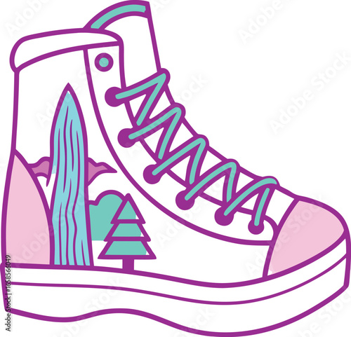 Vector art of stylish sneaker with a nature landscape isolated on white background