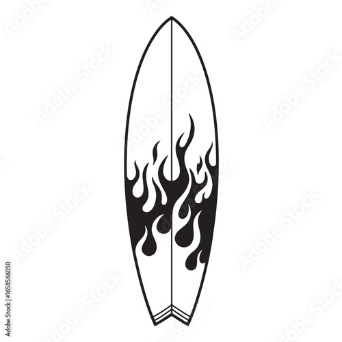Black and white surfboard design featuring a flame motif perfect for surf branding and illustration