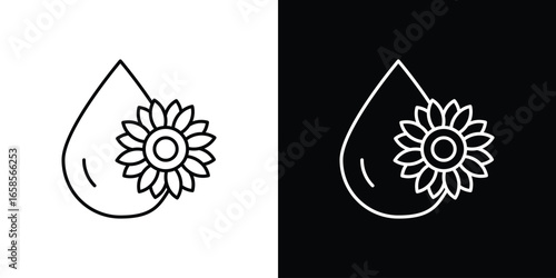 Sunflower and Water Drop Icon, Isolated on White and Black Background