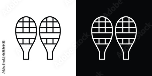 Pair of Snowshoes in Line Art Style, Isolated on White and Black Backgrounds