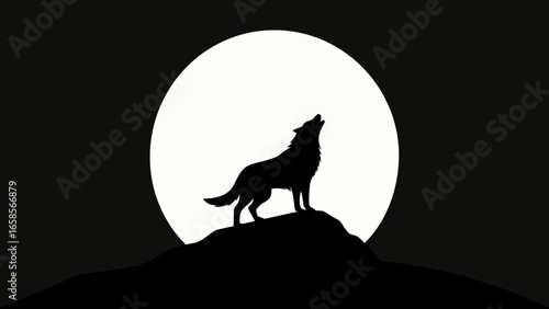 Black Silhouette Wolf Howling at White Moon Hilltop