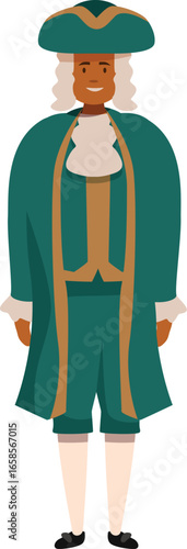 Full length portrait of a smiling nobleman wearing an elegant green suit, jabot and tricorne hat, 18th century fashion