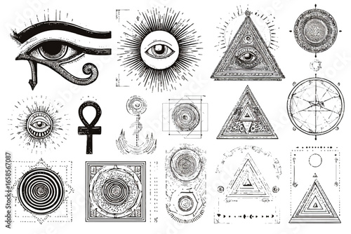 Collection of Mystical and Esoteric Symbols Including the Eye of Horus and Sacred Geometry Illustrations