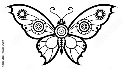 Steampunk Butterfly Line Art Black Gear Design black and white