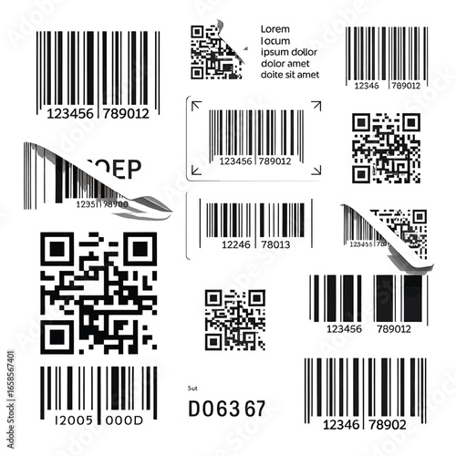 Collection of various barcodes and qr codes on white background