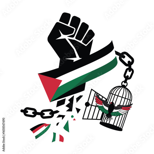 Fist breaking chains with palestinian flag and birdcage symbolizing freedom