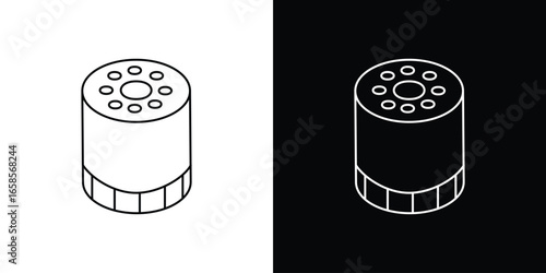Cylinder Filter Icon in Isometric View with White and Black Backgrounds