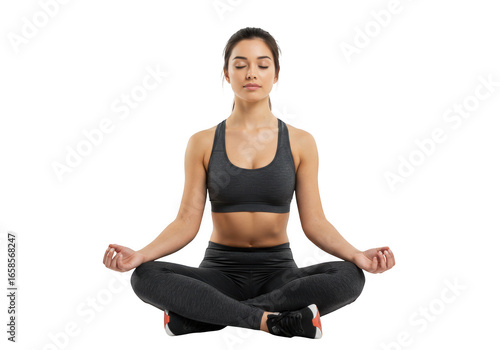 Woman meditating in lotus pose isolated on transparent background