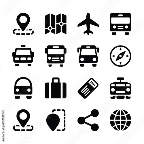 Collection of travel and transportation icons including map pins airplane bus taxi suitcase and compass