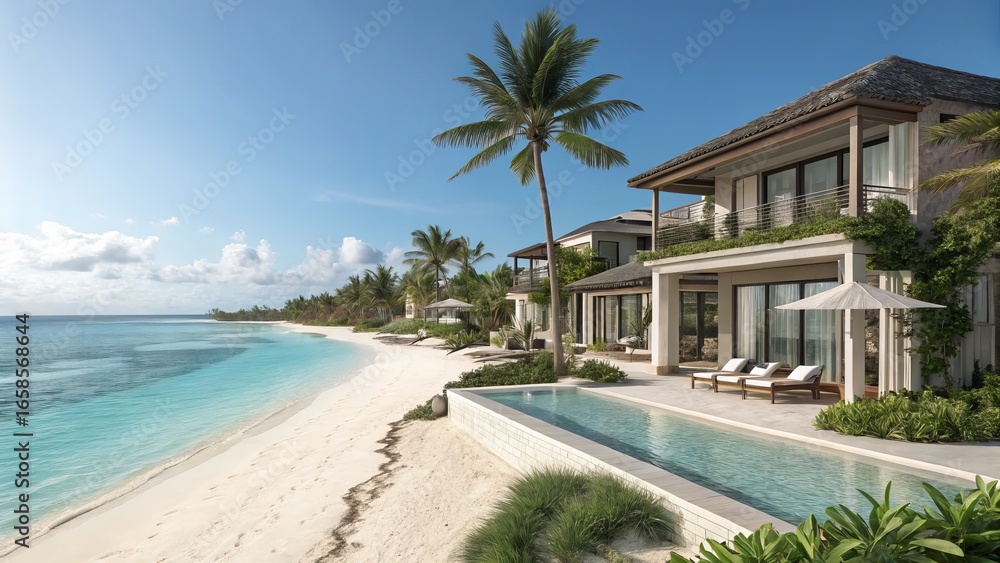 Fototapeta premium Luxurious beachfront villa with infinity pool overlooking the turquoise ocean