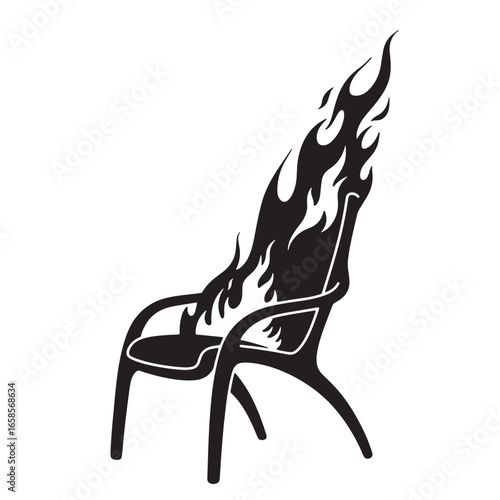 Burning chair silhouette depicting destruction heat and arson concept on white background