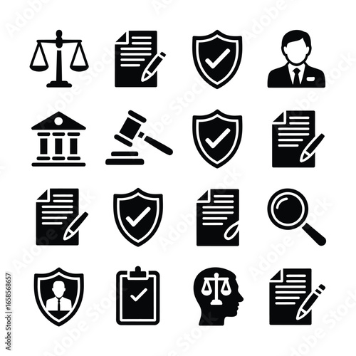 Collection of legal and justice icons representing law and order