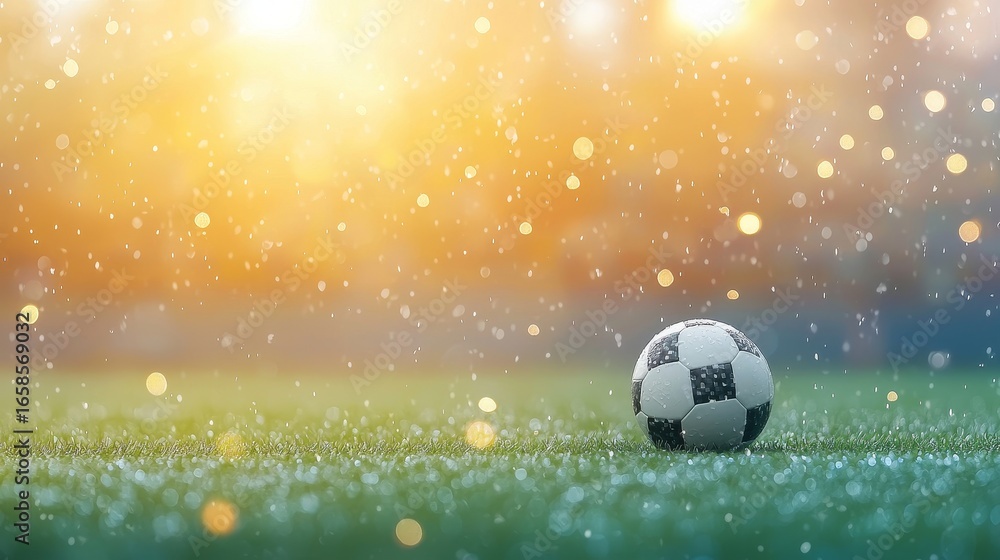 Fototapeta premium Soccer ball in rainy atmosphere outdoor field sports photography nature setting close-up view dynamic motion