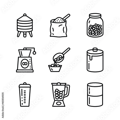 Set of hand drawn icons representing kitchen appliances and food storage containers