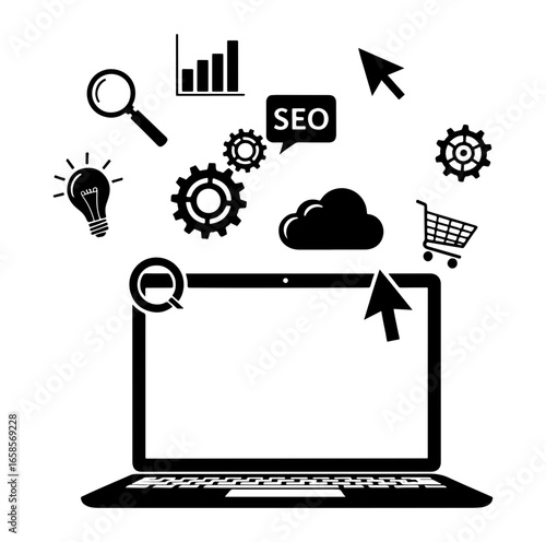 Vector art of seo and digital marketing strategy with icons for analytics, growth, and online business success