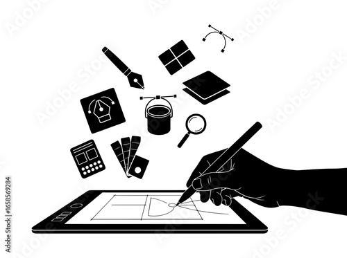 Vector art of graphic design tools and digital art creation with tablet and stylus