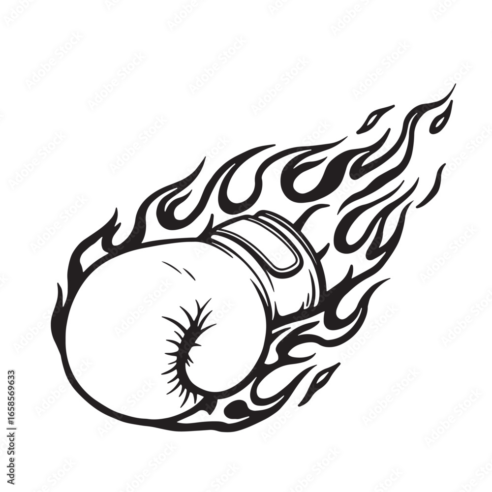 Naklejka premium Dynamic black and white boxing glove graphic with flame trail for sport themes