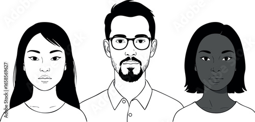 Diverse young adults portrait vector with glasses and neutral expressions in black and white 