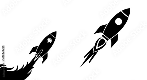 Vector art of two black rocket silhouettes launching into space, one with a fiery trail