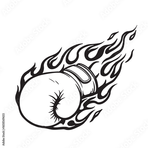 Dynamic black and white boxing glove graphic with flame trail for sport themes