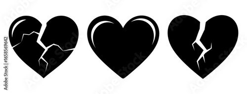 Vector art of three black heart icons, two cracked and one whole, representing love and heartbreak