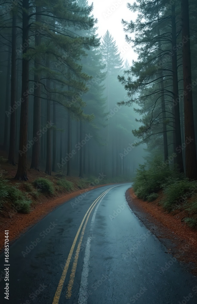 Fototapeta premium Winding asphalt road through a dense forest. Tall pine trees line the wet, reflective surface. Foliage and undergrowth flank the lane. A feeling of mist and mystery pervades the scene.