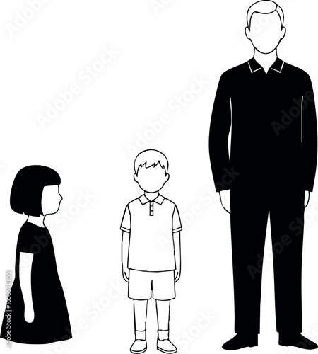 Father with son and daughter black and white silhouette family vector illustration 