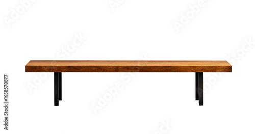 Low, long, rectangular wooden shelf or bench against a black background.  Simple, modern, and minimalist design.  Light brown wood grain.  Dark metal supports