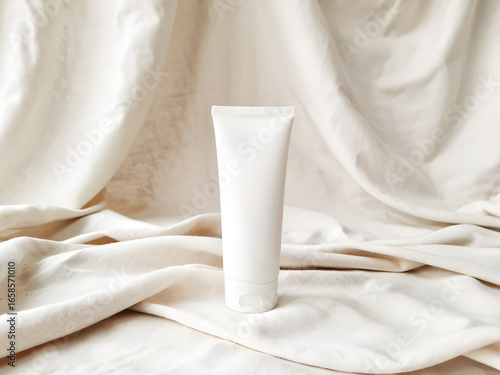 Minimal cosmetic tube mockup on soft fabric background, white lotion skincare packaging for branding, beauty product presentation and advertising.