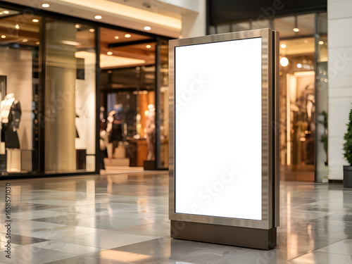 Blank vertical lightbox advertising display in luxury shopping mall interior for marketing and brand promotion mockup.
