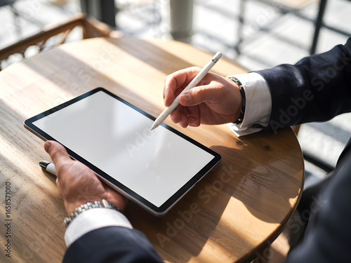 Businessman using digital tablet with stylus on wooden desk, modern technology workspace concept with blank screen mockup.