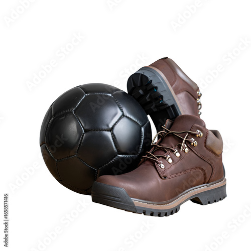 Worn brown leather hiking boot with dark soccer ball outdoors, rugged adventure gear in nature, detailed photorealistic sports equipment symbolizing travel, hiking and play