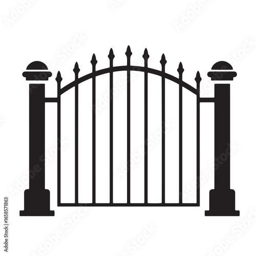 Elegant black silhouette illustration of a wrought iron gate with decorative spikes