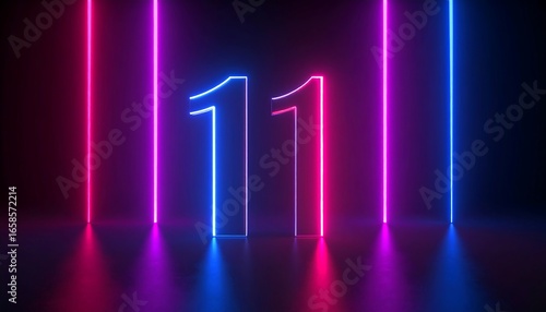 Neon number eleven on a dark background with vibrant lights
