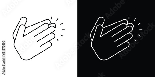 Hands Clapping Icon in Line Art Style, Isolated on White and Black Backgrounds