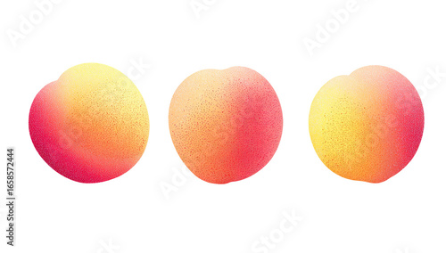 Three stylized peaches in a horizontal row.  Each peach is a gradient of peach, orange, and red, with a pixelated edge