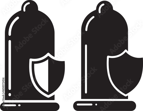 Two black condom silhouettes with protective shields silhouette