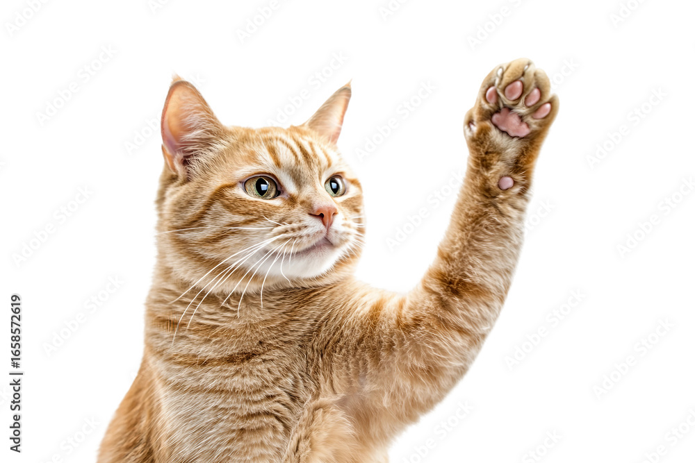 Fototapeta premium Cute cat raising paw high five isolated on transparent background