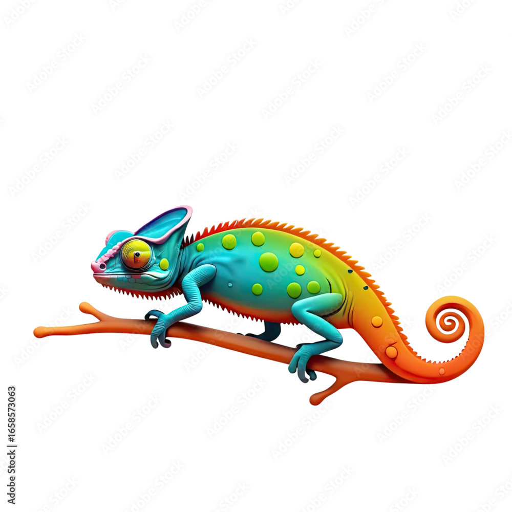Fototapeta premium Colorful chameleon resting on a branch in a vibrant display of nature's beauty and remarkable adaptation