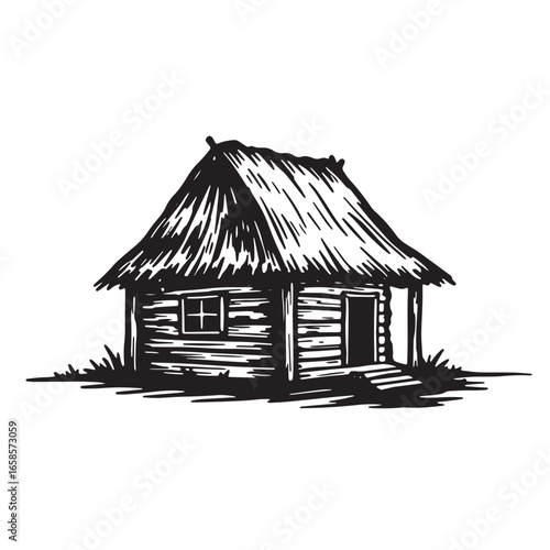 Hand drawn illustration of a rustic cabin with a thatched roof on a white background