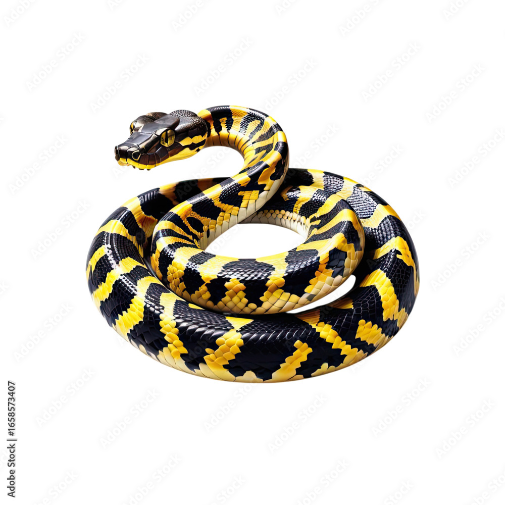 Fototapeta premium Brightly colored snake curled in a resting position, showcasing intricate patterns in a natural display of beauty and vibrancy