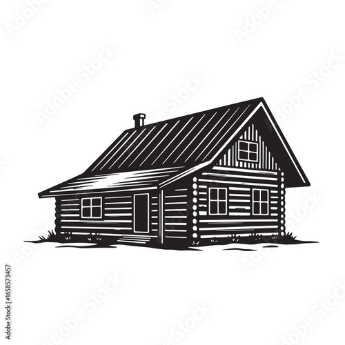 Hand drawn rustic log cabin house with windows and chimney in a black and white style.