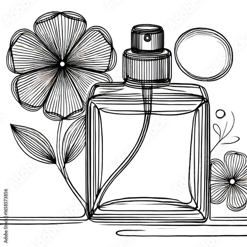 Drawing of a perfume bottle. One continuous line. Isolated on white background