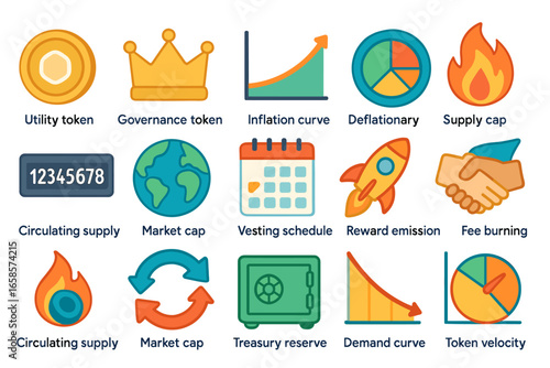 Cryptocurrency, finance flat icon set. blockchain, market analysis icons collection