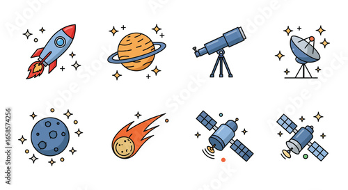 Colorful cartoon illustrations of space objects and vehicles in orbit around stars